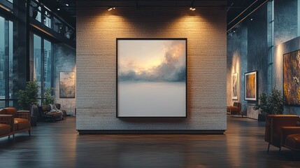 Large abstract landscape painting displayed in modern art gallery.