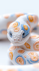 cute white snake with colorful patterns and bright blue eyes