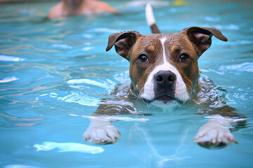 Dog enjoys swimming in clear blue water