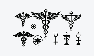 Collection of caduceus illustrations composted with poisonous snakes, easily editable.
