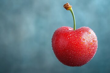 Dew-covered red cherry, stem visible.