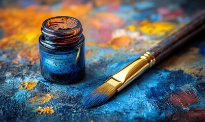 Paintbrush, paint jar, artist's palette, blue hues.