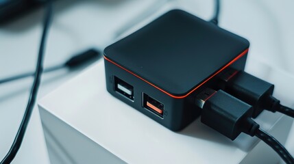 Sleek universal charger with multiple ports on a minimalist white surface, showcasing versatility and modern design for efficient device charging solutions.
