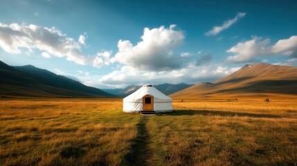 A striking yurt sits gracefully in a golden landscape surrounded by mountains, encapsulating the essence of traditional nomadic lifestyle and the beauty of nature.