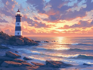 A serene coastal scene featuring a lighthouse at sunset over the ocean.