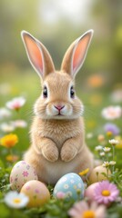 Adorable bunny surrounded by Easter eggs in vibrant flower field