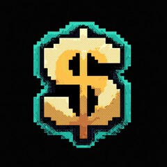 Obraz premium Pixel Art Dollar Sign Finance Money Currency Crypto Wealth 8 bit Retro Game Design Gold Teal Symbol