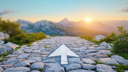 The Path to Success: A winding cobblestone path leads towards a majestic mountain range bathed in the golden glow of sunset.