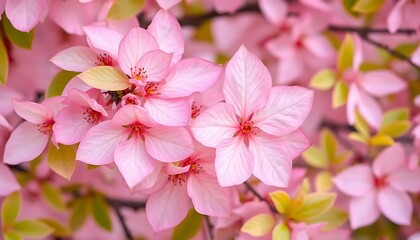 Obraz premium Beautiful sakura leaves in delicate pink and green hues, capturing the essence of cherry blossoms during springtime. This image showcases the intricate details and vibrant colors of the sakura foliage