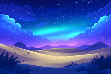 Dreamlike night landscape featuring a serene desert scene under a vibrant, starlit sky with an aurora borealis. Ideal for fantasy, relaxation, and travel themes.