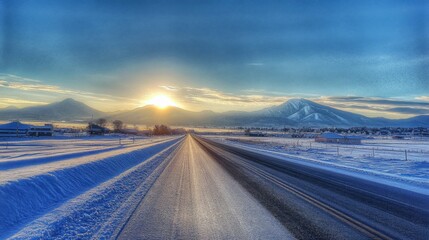 Majestic Mountain Road with Sunset Over Snowy Landscape