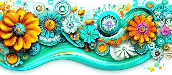 Vibrant 3D floral design with teal wave.