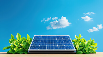 Fototapeta premium solar panel surrounded by green leaves under blue sky