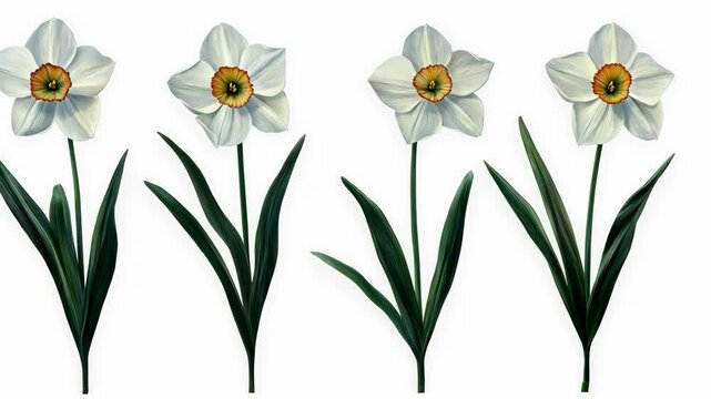 Beautiful daffodil flowers arranged in a row with vibrant petals and green leaves, showcasing springtime elegance and freshness