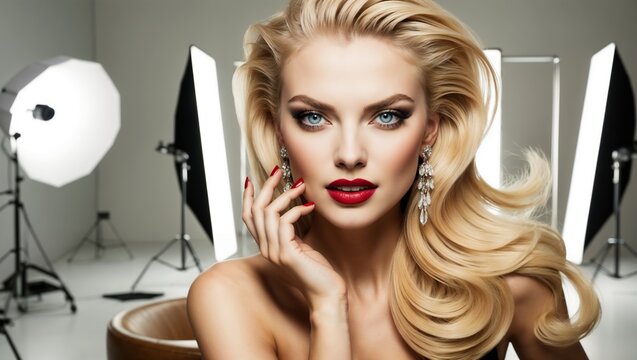 Stunning blonde supermodel woman posing with elegance under professional studio lighting