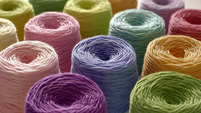 Colorful yarn spools arranged in a vibrant display, showcasing various shades and textures for crafting enthusiasts