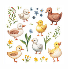 Fototapeta premium Colorful illustration of various ducklings in a floral setting showcasing their playful nature and charm