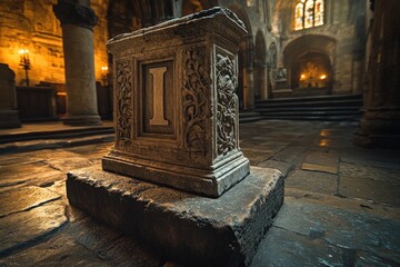 Ornate stone pillar, letter I, church interior.