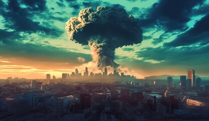 Fototapeta premium A mushroom cloud rises above the city after an atomic explosion, a concept of nuclear war and global destruction. 