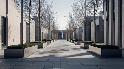 Exterior architectural photography of a minimalist urban plaza in London, frontal and symmetrical...