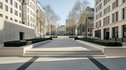 Naklejka premium Exterior architectural photography of a minimalist urban plaza in London, frontal and symmetrical angle, sleek landscaping with clean lines, professional materials, shadow-free and minimalist composit