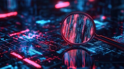 A magnifying glass floating over digital data, with red and blue lights, in the cyberpunk style