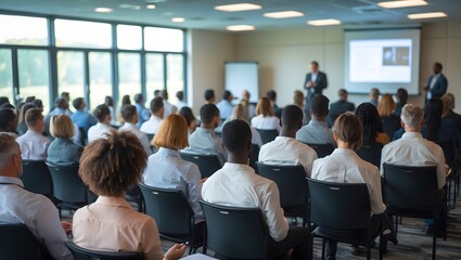 Fototapeta premium Business and entrepreneurship symposium. Speaker giving a talk at business meeting. Audience in conference hall. Rear view of unrecognized participant in audience. Ai Generative.