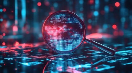 A magnifying glass floating over digital data, with red and blue lights, in the cyberpunk style
