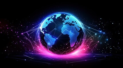 Obraz premium Abstract digital planet Earth with glowing connections and global network concept on a dark background. 