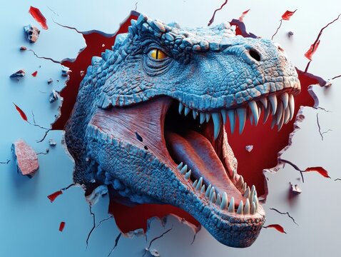 Roaring T-Rex head bursting through a cracked wall.