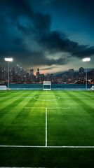 Twilight Over Immaculate Soccer Field Awaiting Night Match - Calm before the Sporting Storm