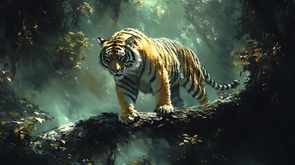 Majestic tiger on a log in a misty jungle.