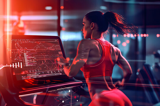 athlete on treadmill with biometric data overlay, sports lab