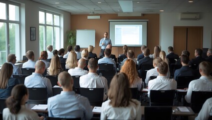 Business and entrepreneurship symposium. Speaker giving a talk at business meeting. Audience in conference hall. Rear view of unrecognized participant in audience. Ai Generative.