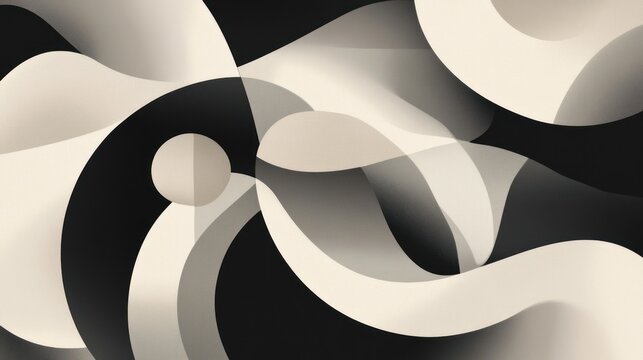 Abstract composition in black, white, and cream, featuring flowing shapes and curves.
