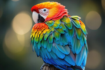 Obraz premium A vibrant Scarlet Macaw, showcasing its iridescent plumage in a bokeh background.