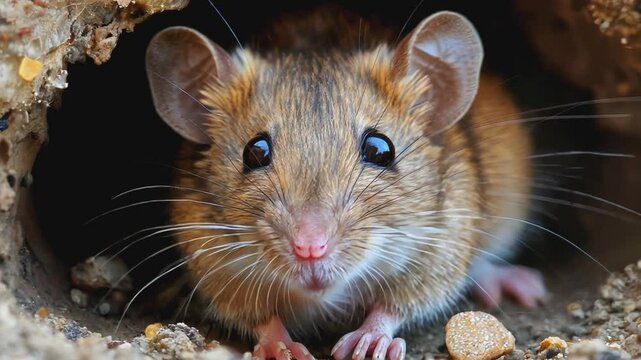 A close-up of a small, brown house mouse with large, curious eyes looking out from a hole in the wall.