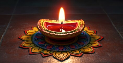 Vibrant Diya Candle on Colorful Base Illuminating with Gentle Flame Perfect for Festivals, Celebrations, Religious Rituals, and Home Decor