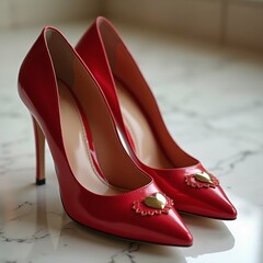 Naklejka premium The image shows a pair of red high-heeled shoes on a white marble surface. The shoes have a pointed toe and a stiletto heel.