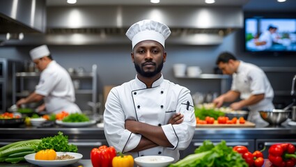 Confident head cook standing in restaurant professional kitchen with arms crossed while smiling at camera. Sous chef wearing cooking uniform while preparing ingredients for dinner service.