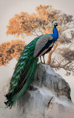 A photo of a majestic peacock perched atop a rocky outcrop. © Shakib