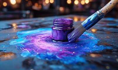Fototapeta premium Paintbrush, purple paint, cosmic canvas, artistic creation.