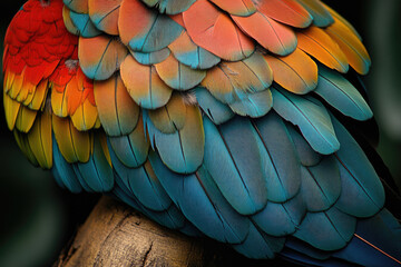 Fototapeta premium Vibrant parrot feathers, a mesmerizing array of red, orange, and teal hues creating a stunning natural texture.