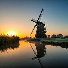 Sunrise over a windmill by a canal.
