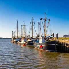 Seaside view with Dutch fishing boats.
