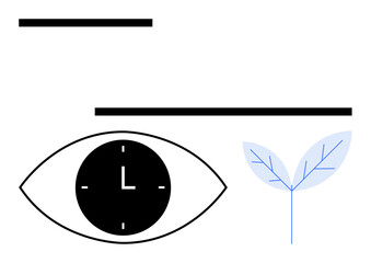 Eye housing a clock at its center alongside a delicate leaf icon. Ideal for time management, mindfulness, sustainability, growth, vision, balance, abstract line flat metaphor