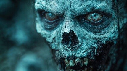 Obraz premium Close-up of a horrifying zombie face, its decaying flesh and vacant eyes creating a chilling effect. The eerie teal tones add to the unsettling mood.