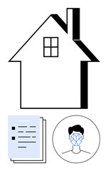 House outline, facial recognition interface, and stack of documents representing identity verification, security, and digital processes. Ideal for fintech, real estate, data privacy, cybersecurity