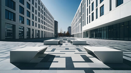 Berlin modern urban plaza with open seating and geometric paving minimalist cityscape