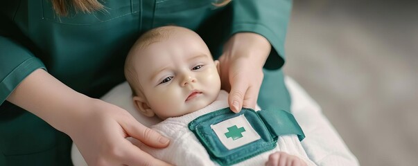 Healthcare professional teaching baby first aid techniques, postnatal care, parental training